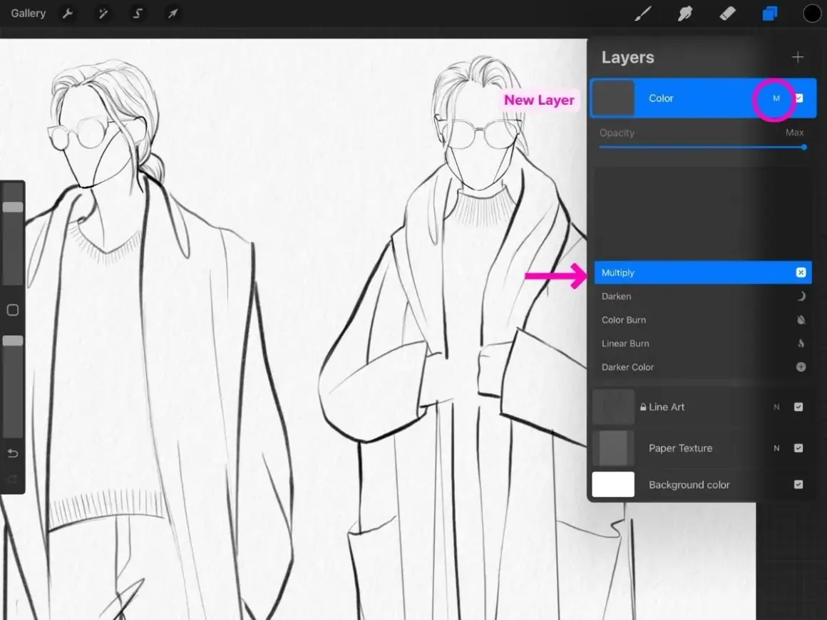 Learn how to use Procreate to add color to your line art. The "Multiply" blend mode is highlighted, showing a step in coloring fashion sketches.
