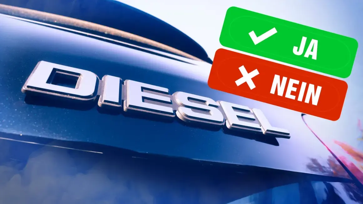 Ja oder Nein zu Euro 6 Diesel? Die Frage steht im Raum, während das Wort "DIESEL" auf einem blauen Auto prangt.