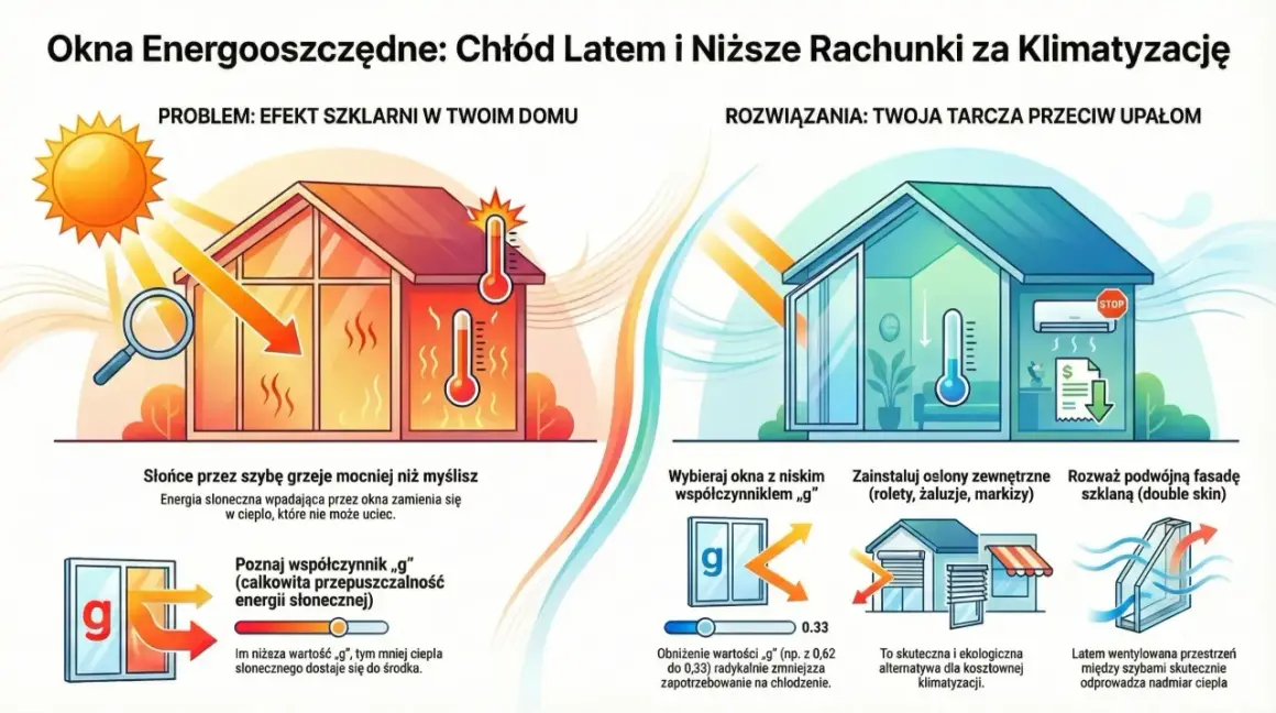 Okna pasywne wymagania techniczne a rygorystyczne normy WT 2021: ilustracja pokazuje problem przegrzewania domu latem i rozwiązania, jak okna z niskim współczynnikiem "g".