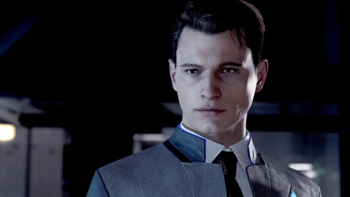 Connor z Detroit: Become Human, android w eleganckim garniturze, z niebieskim symbolem na skroni.