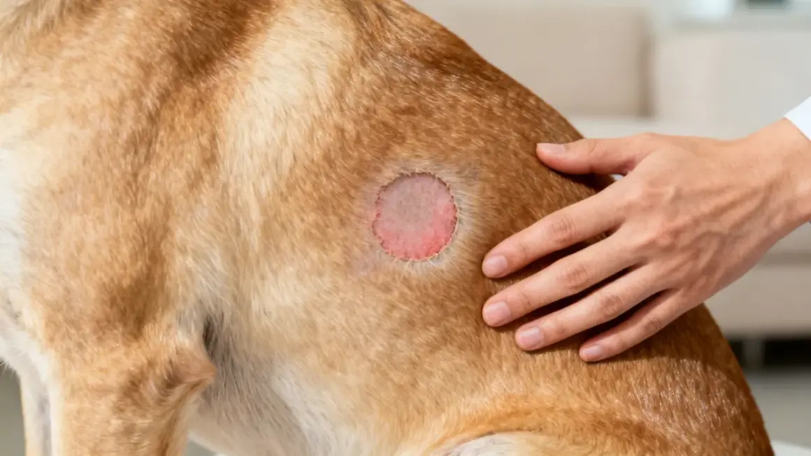 Un veterinario examina una zona con caída de pelo en perros, mostrando piel irritada y enrojecida.