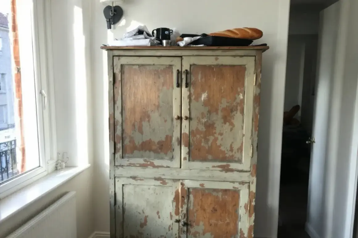 Vieil armoire en bois patiné, prêt à être customisé. Une baguette repose sur le dessus.