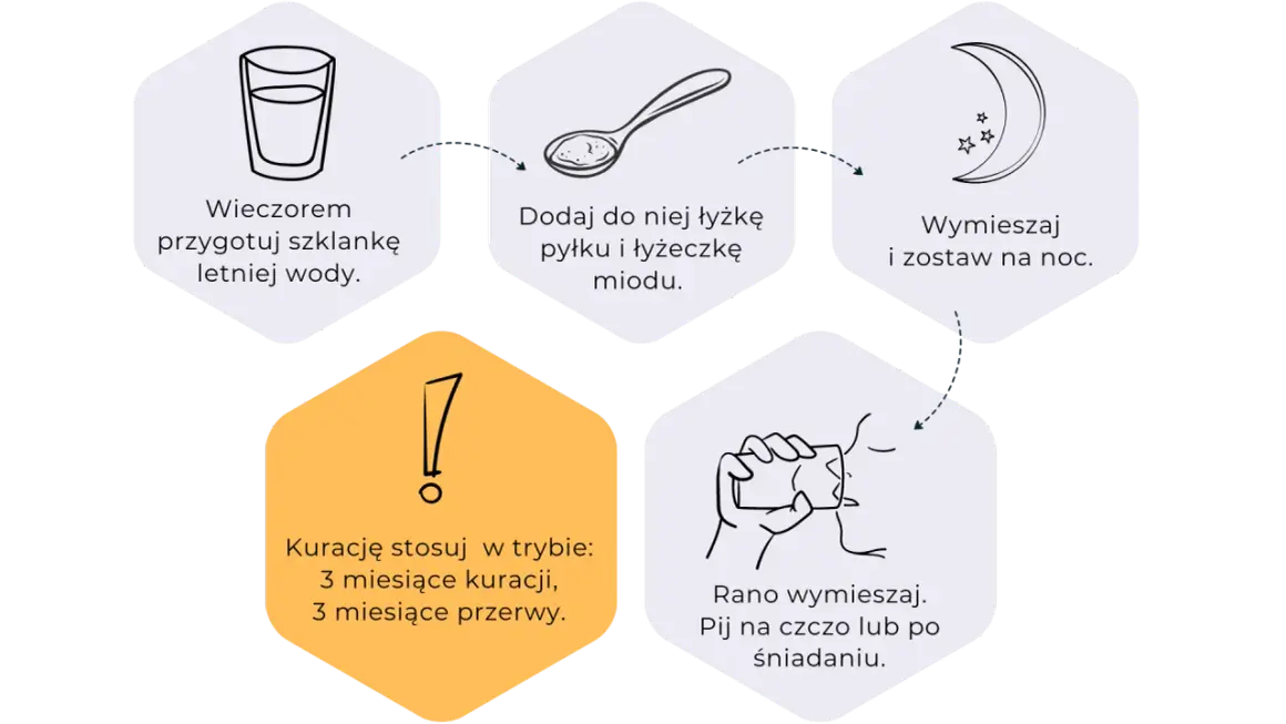 Jak stosować pyłek pszczeli: wieczorem przygotuj wodę, dodaj pyłek i miód, wymieszaj, zostaw na noc. Rano pij na czczo. Kuracja 3 miesiące, potem 3 miesiące przerwy.