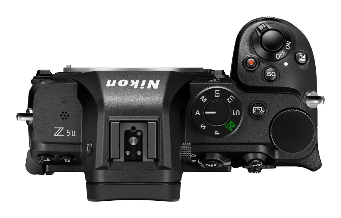 Top view of a black Nikon Z5 II camera, showing controls like ISO, mode dial, and AF-ON button. The Nikon Z5 release date was August 2020.