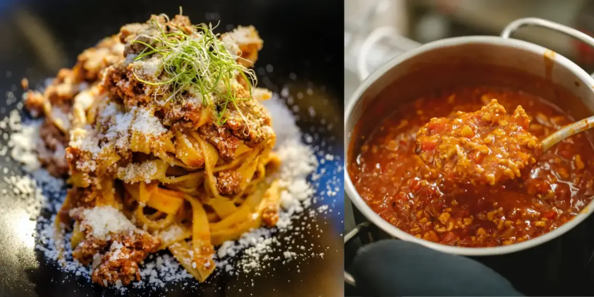 En tallrik med krämig pasta bolognese toppad med riven ost och en kastrull med den rika köttfärssåsen.