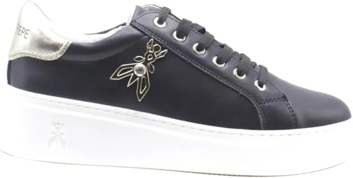 Black Patrizia Pepe sneaker with gold bee logo and white platform sole.