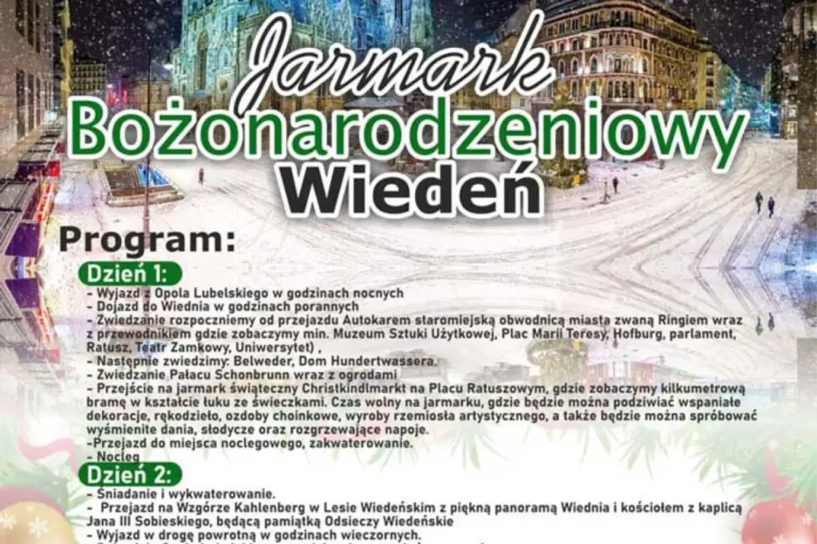 Wiedeń jarmark bożonarodzeniowy: śnieżne miasto, świąteczne dekoracje i mnóstwo atrakcji. Program wycieczki obejmuje zwiedzanie zabytków i czas wolny na jarmarku.