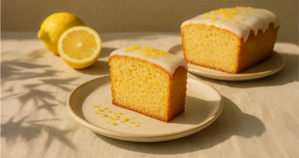 Ein Stück saftiger, veganer Zitronenkuchen mit Zuckerguss und Zitronenschale bestreut, daneben frische Zitronen.