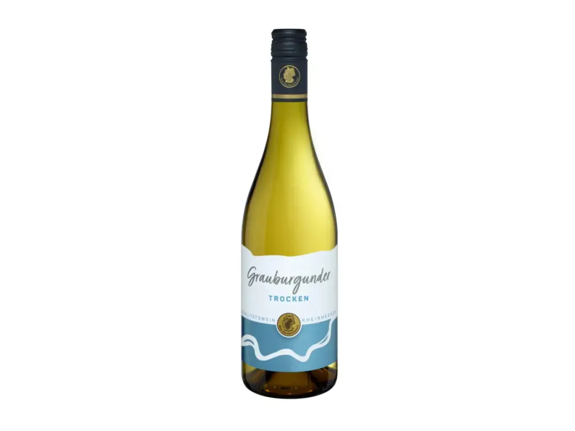 Flasche trockener Grauburgunder Qualitätswein aus Rheinhessen.