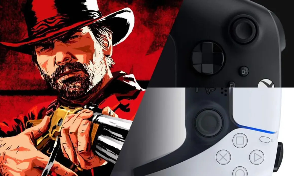 Arthur Morgan im Red Dead Redemption 2 Stil, neben PS5-Controllern. Ein Upgrade für das Spiel auf PS5 wäre fantastisch!