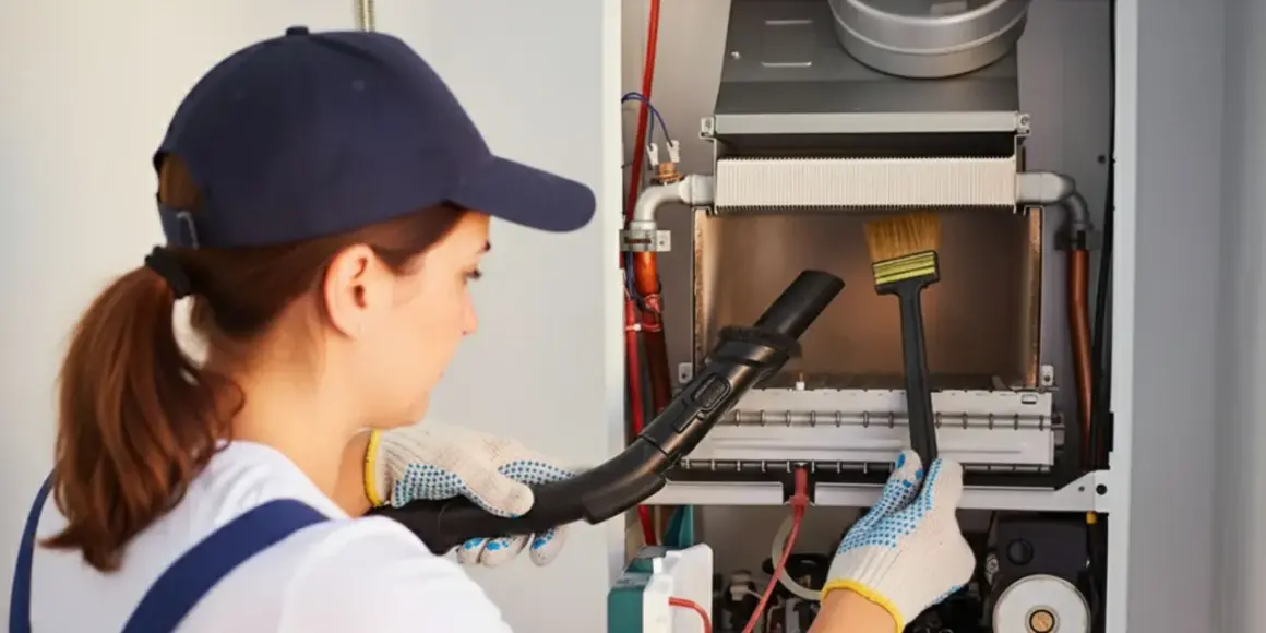 Technicienne effectuant le ramonage d'une chaudière à condensation avec un aspirateur et une brosse.