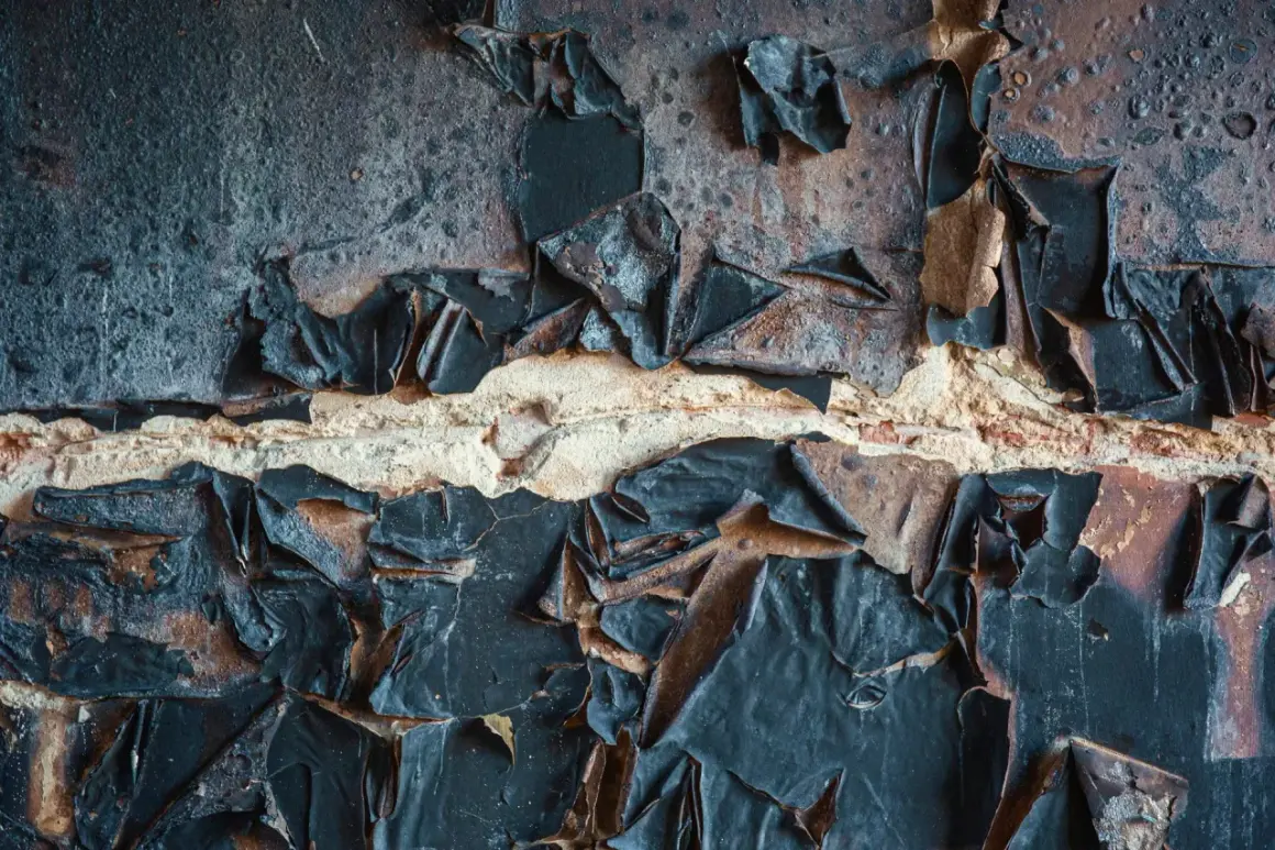 Abgeblätterte schwarze Farbe auf einer Ziegelwand, die auf eine Schadstoffmessung nach Brand hindeutet.