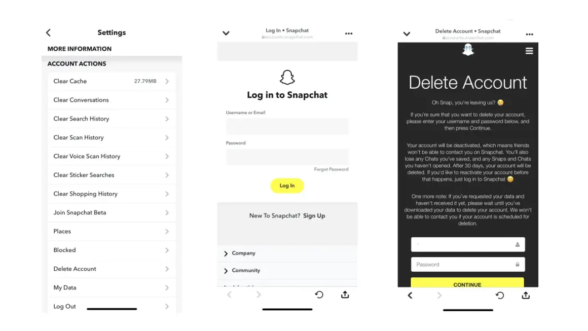 Ekran ustawień Snapchata, gdzie można znaleźć opcję "Delete Account", aby dowiedzieć się, jak usunąć snapa.