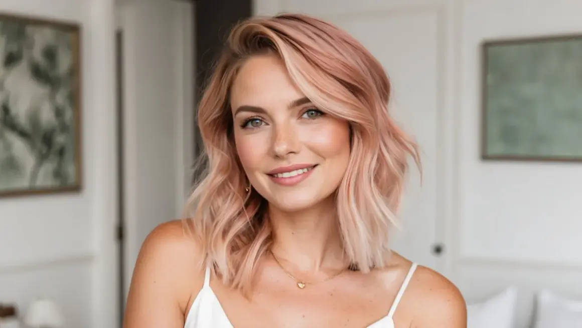 Lächelnde Frau mit welligem, erdbeerblondem Balayage-Haar und Sommersprossen.