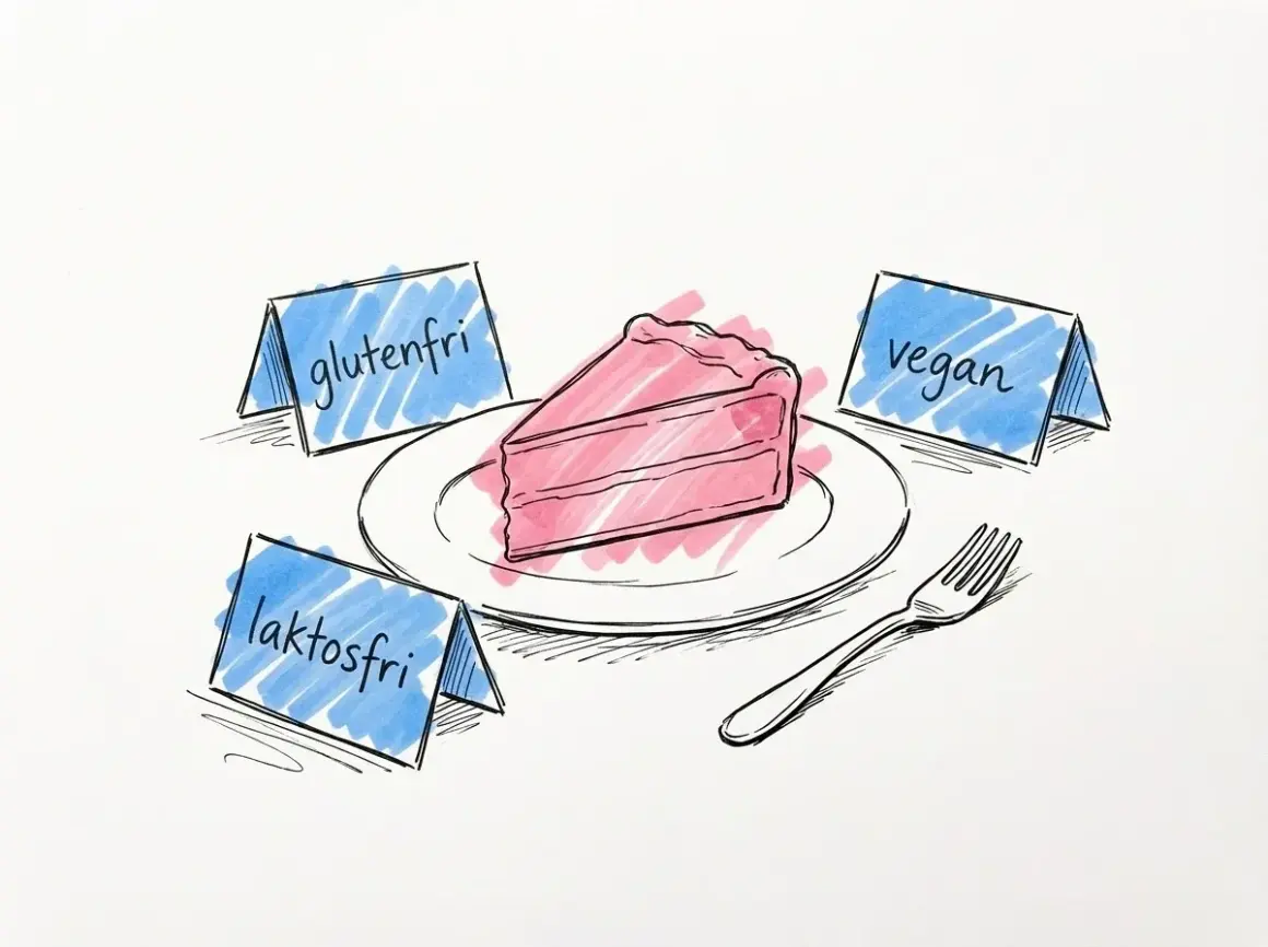 En rosa tårtbit på en tallrik, omgiven av skyltar som indikerar olika sorters tårtor: glutenfri, laktosfri och vegan.