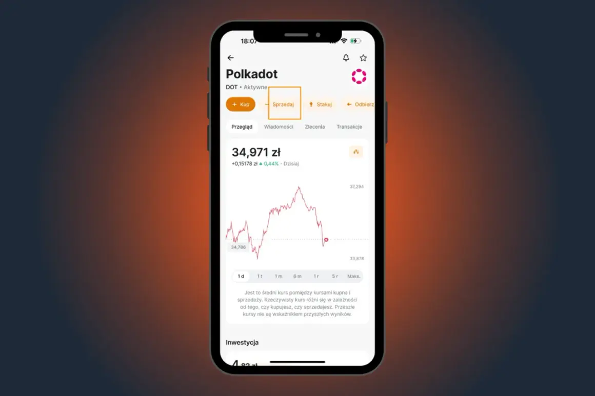 Aplikacja Revolut pokazuje kurs Polkadot. Sprawdzam, ile Revolut pobiera prowizji za kryptowaluty, analizując wykres i opcje kupna/sprzedaży.
