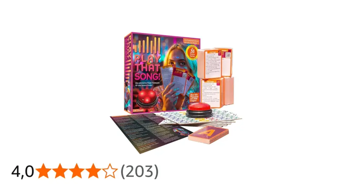 Spielmusik erraten: Das "Play That Song!" Brettspiel mit Buzzer und vielen Fragen. Wer kennt die meisten Songs?