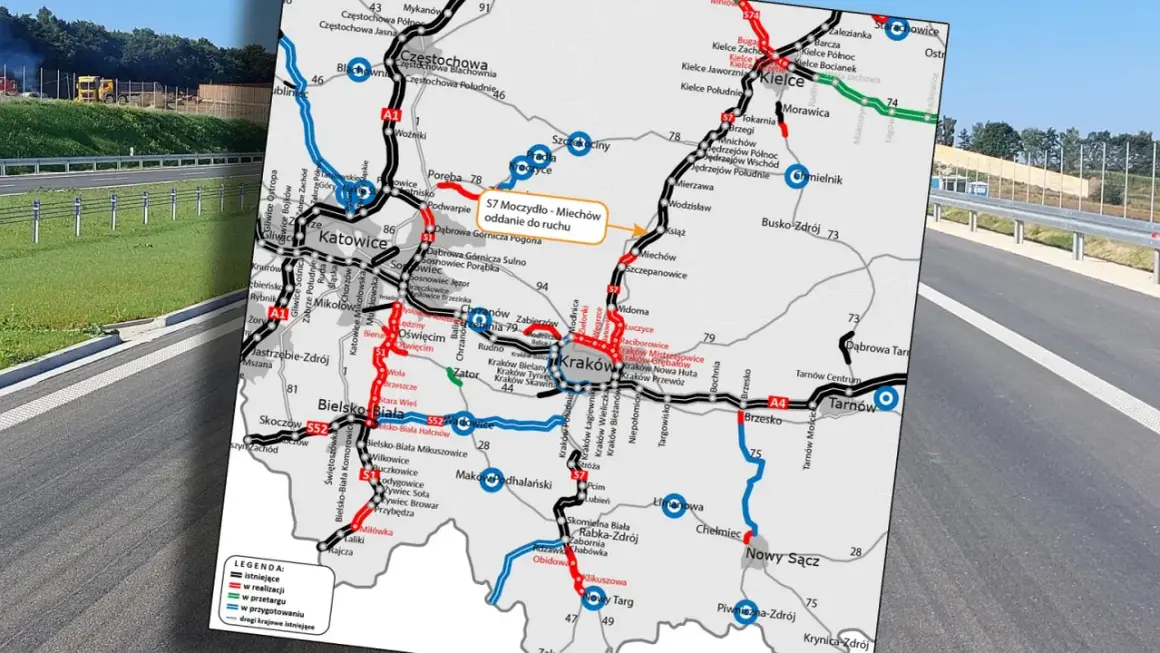 Mapa Polski z zaznaczoną drogą ekspresową S7, pokazującą jej przebieg od Moczydła do Miechowa.