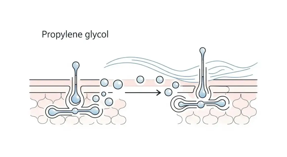 Propylenglykol dringt in die Haut ein und spendet Feuchtigkeit, was zu einer verbesserten Hautstruktur führt.