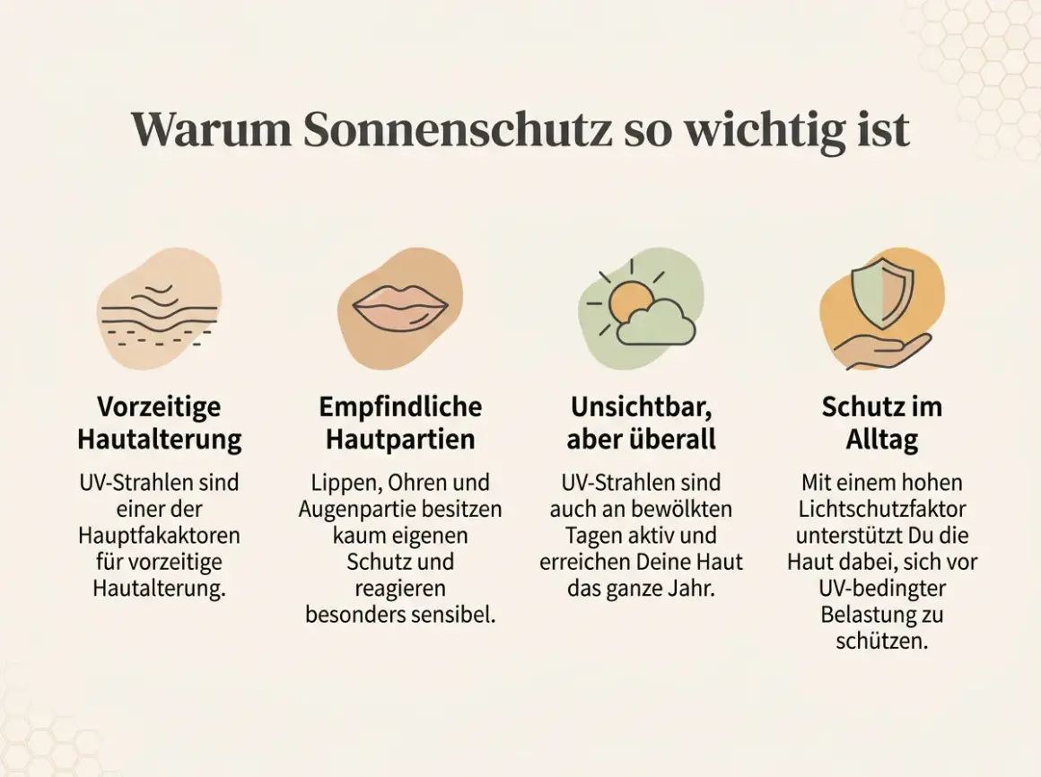 Sonnenschutz ist wichtig, um vorzeitige Hautalterung und empfindliche Partien zu schützen. Auch bei bewölktem Wetter schützt die Sonne, und ein hoher Lichtschutzfaktor hilft das ganze Jahr.