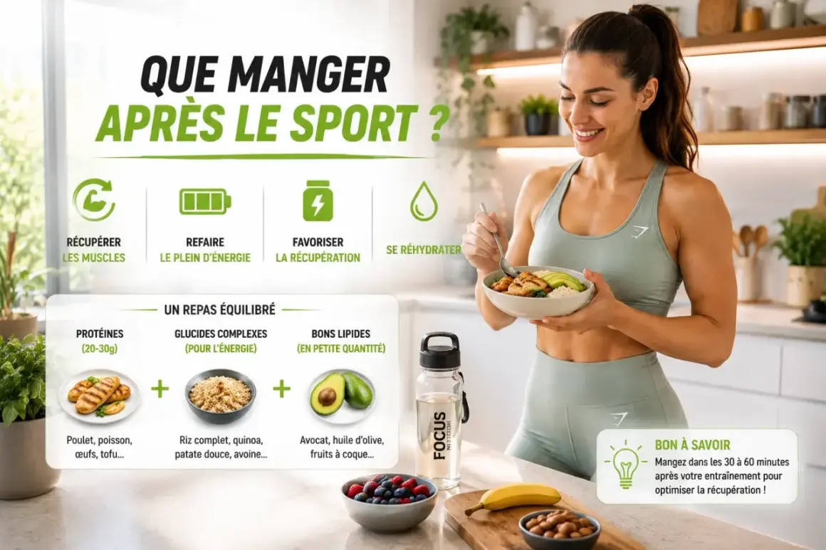 Une femme savoure un repas équilibré post-entraînement. L'image illustre l'alimentation récupération sportive avec des protéines, glucides et lipides.