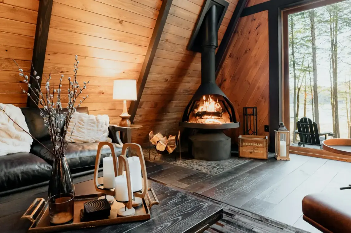 Salon cosy avec cheminée ventouse crépitante, canapé en cuir et vue sur la forêt.