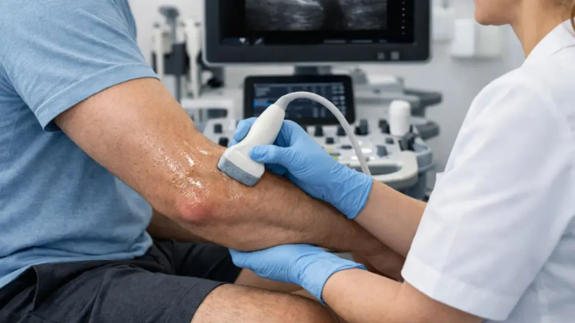 Lekarz wykonuje usg łokcia pacjenta, używając żelu i sondy. Na ekranie widoczny jest obraz diagnostyczny.