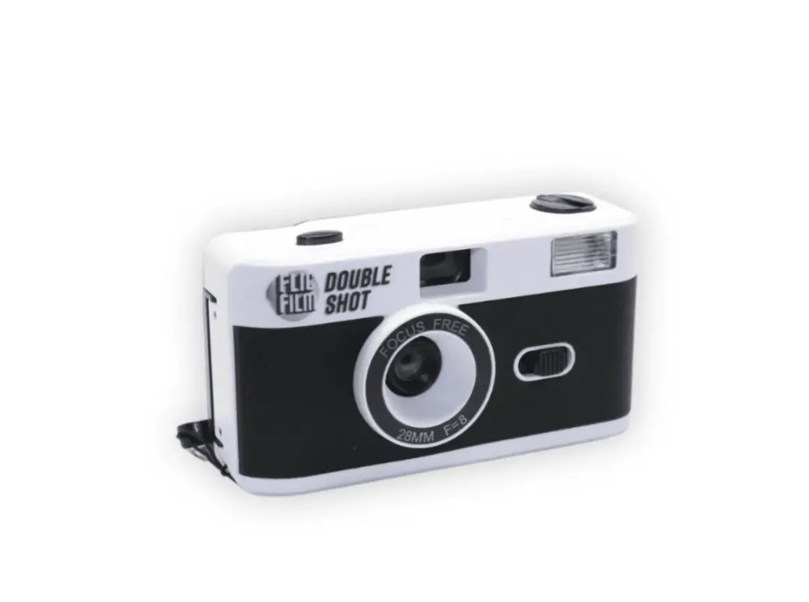A white and black half frame camera with "DOUBLE FILM SHOT" text.