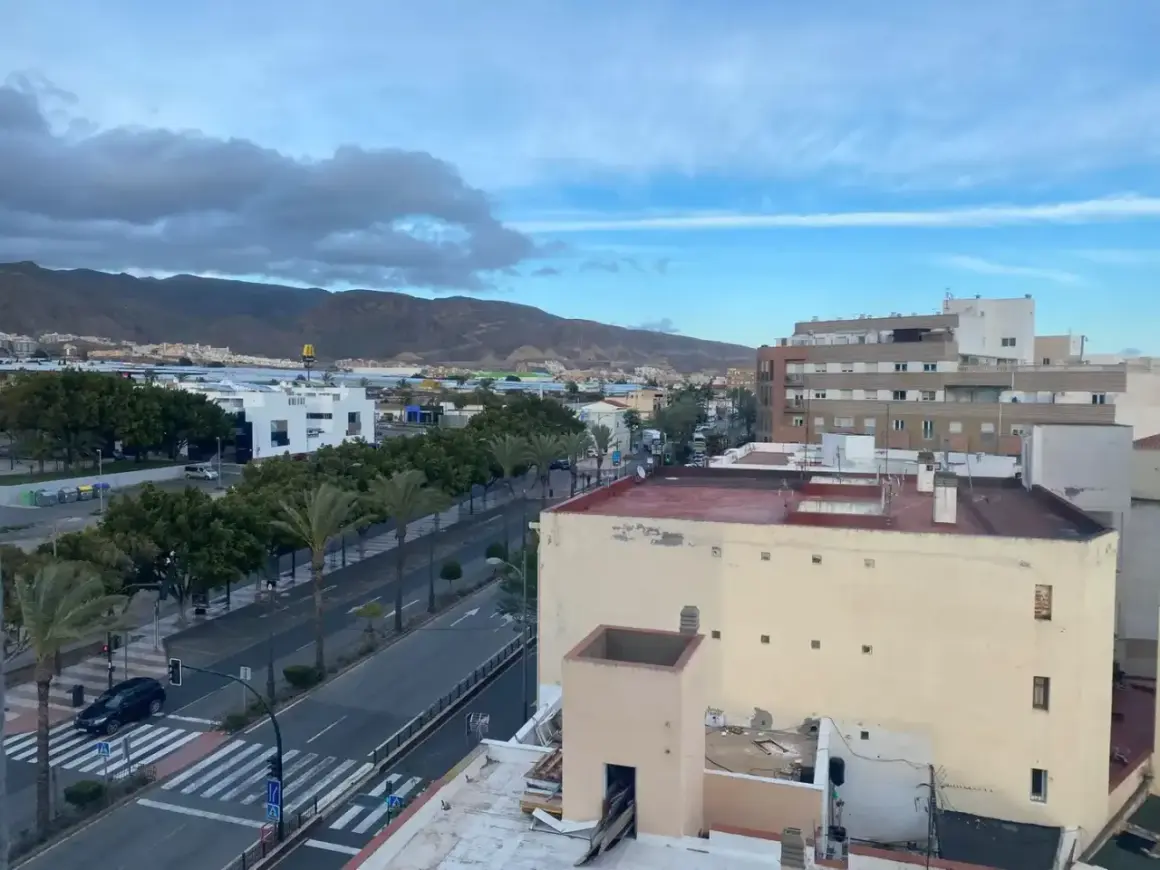 Vista aérea de una ciudad con edificios, palmeras y montañas al fondo. Las hortichuelas se ven en la distancia, bajo un cielo nublado.