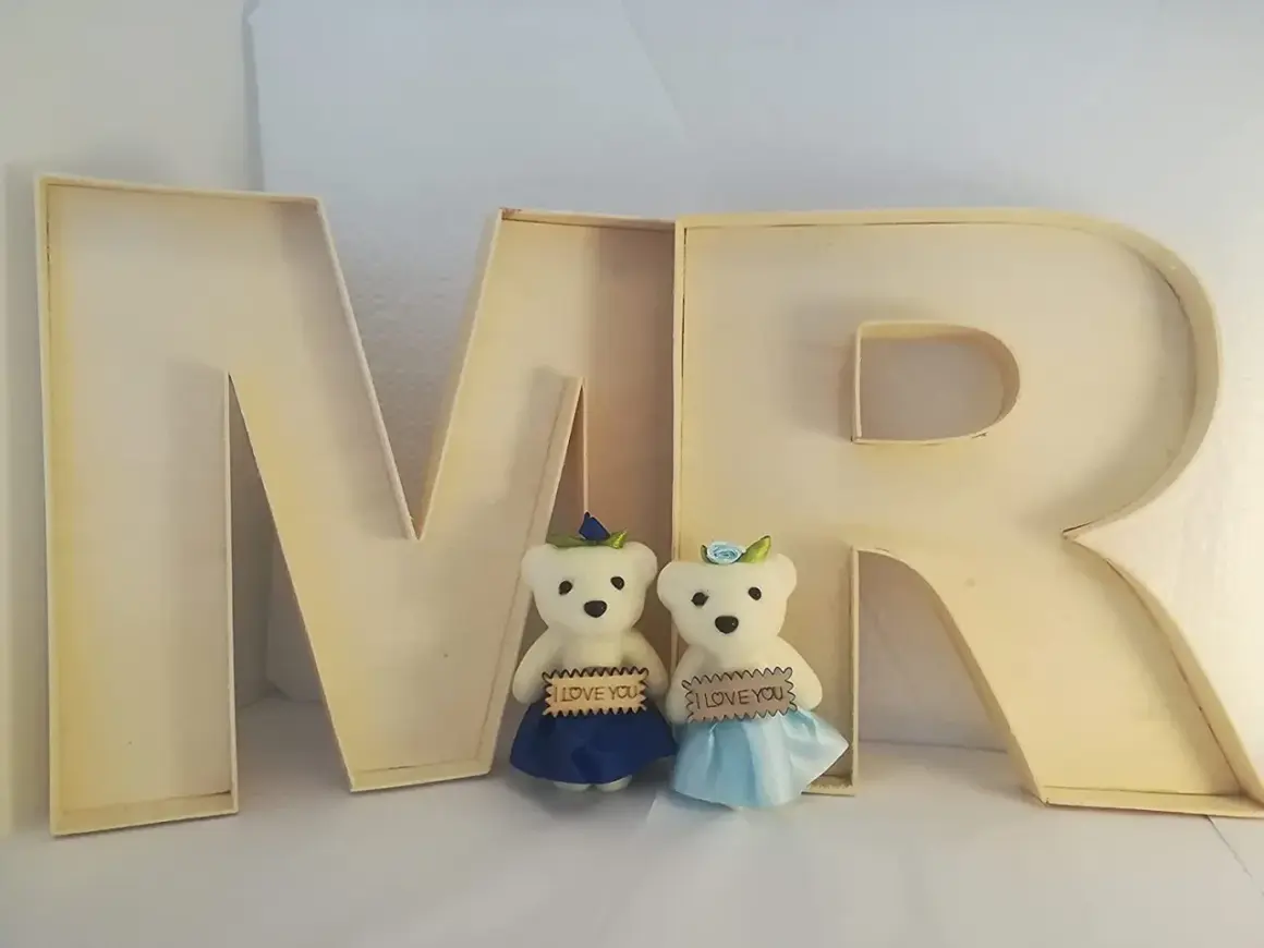 Deux oursons tiennent des pancartes "I LOVE YOU" devant une lettre creuse "MR".