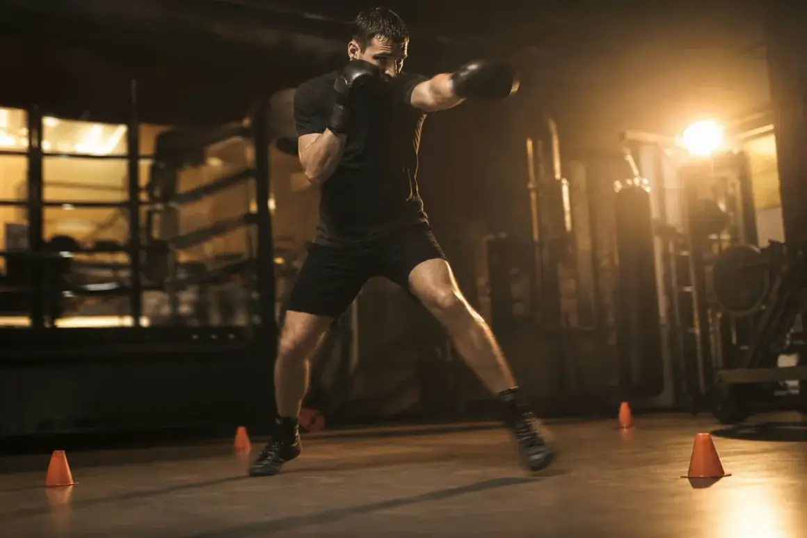 A determined pivot fighter in black boxing gloves and shorts practices in a dimly lit gym, his body a blur of motion.