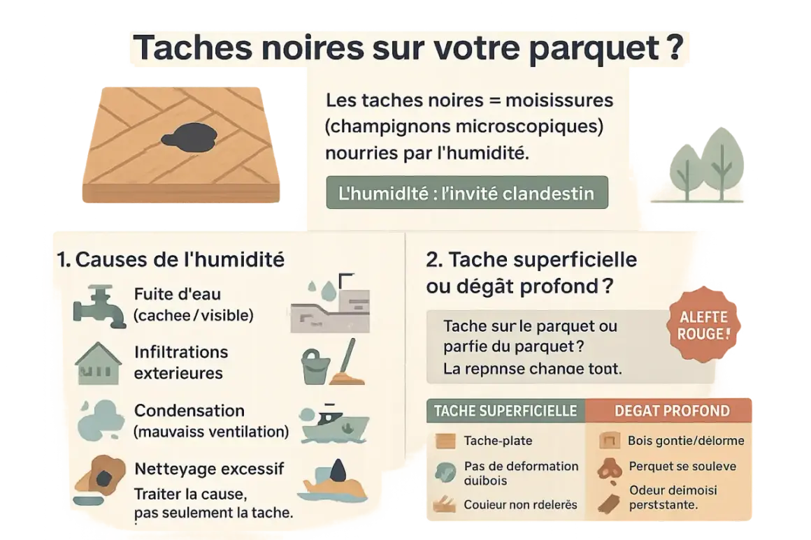 Illustration d'un parquet avec une tache noire, symbole de moisissures dues à l'humidité. Le bois noirci par l'humidité peut cacher des dégâts profonds.
