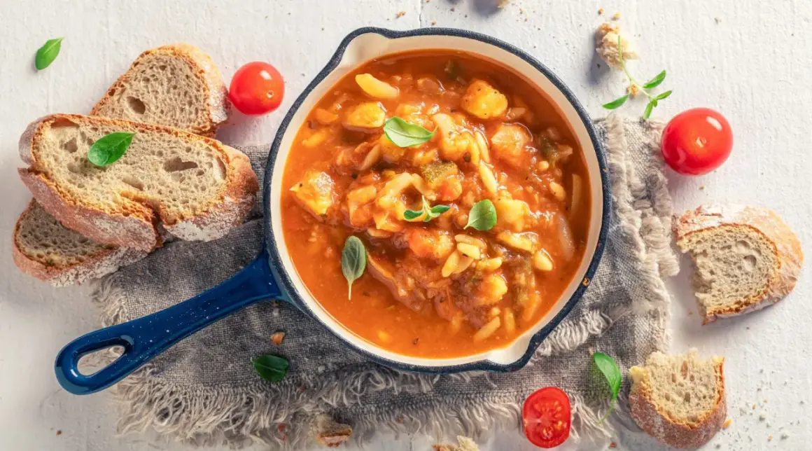 Herzhaftes Minestrone Rezept in einer blauen Pfanne, garniert mit Basilikum. Dazu gibt es knuspriges Brot und frische Tomaten.