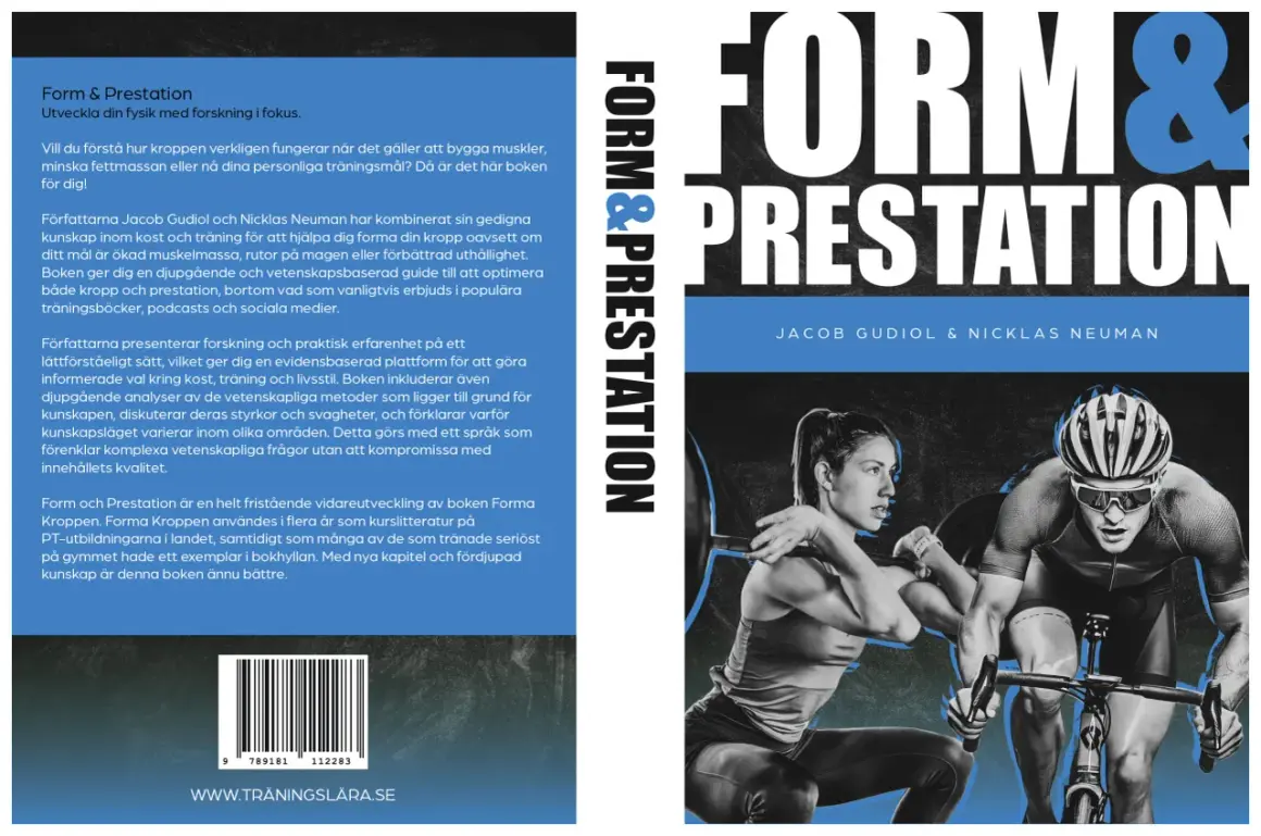 Boken "Form & Prestation" av Jacob Gudiol & Nicklas Neuman, med inspiration från Samuel Stronegger, visar en kvinna som lyfter skivstång och en cyklist.