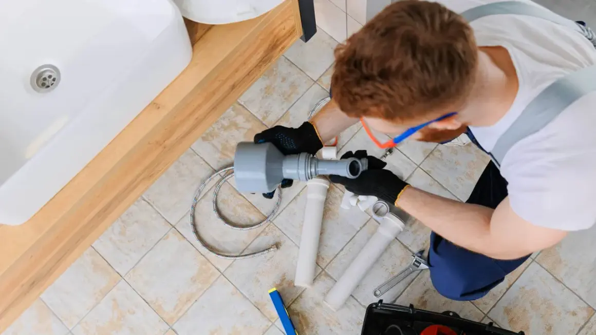 Instalator naprawia rury pod umywalką, prawdopodobnie z powodu braku odpowietrzenia pionu.