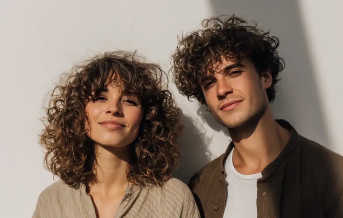 Ein junges Paar mit vollen Locken vor einer weißen Wand. Die curly girl lächelt sanft.
