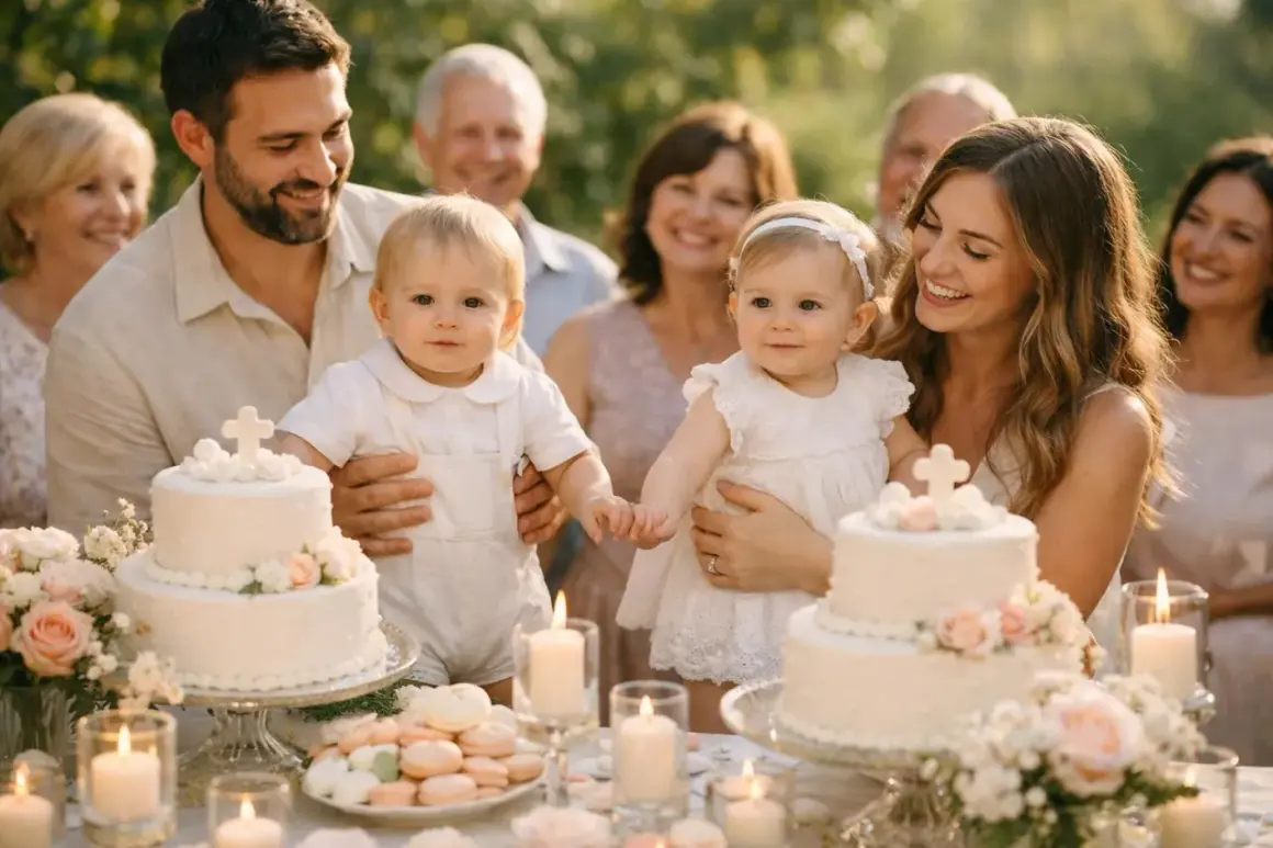 Joyeux baptême catholique pour ces adorables jumeaux, entourés de leur famille.