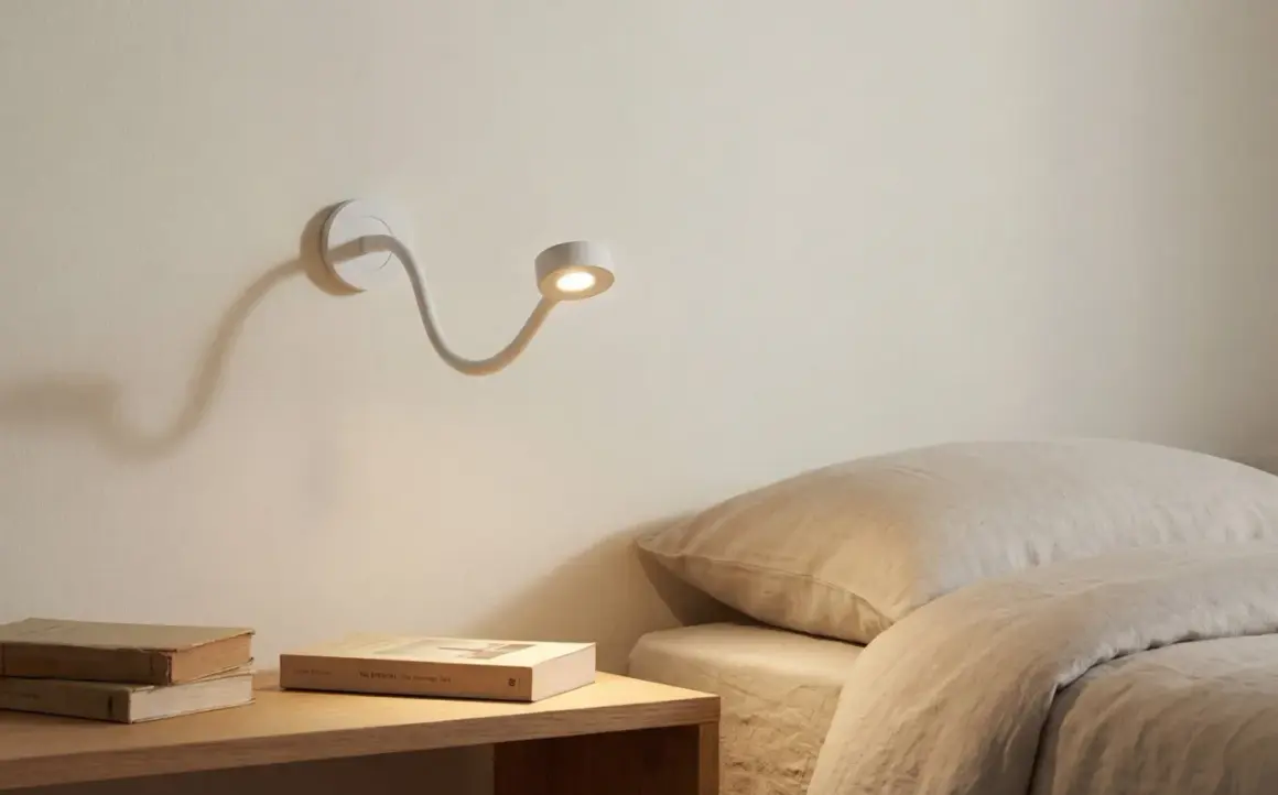 Biała, elastyczna lampa nocna oświetla stos książek na stoliku obok łóżka.