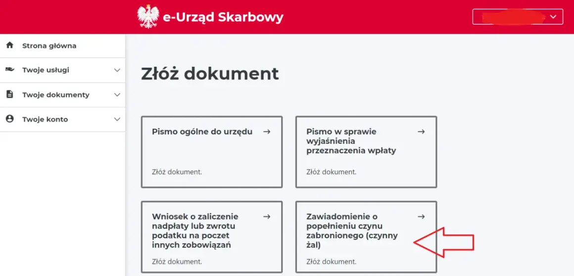 Zawiadomienie o popełnieniu czynu zabronionego (czynny żal) - złóż dokument w e-Urzędzie Skarbowym.