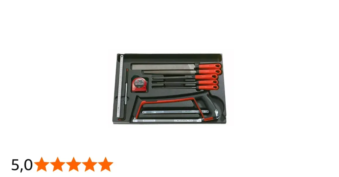 Boîte d'outils Facom pour menuiserie : scie, limes, mètre ruban, règle.