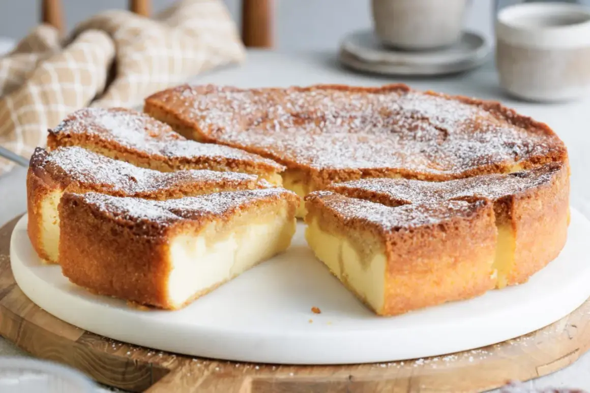 Ein köstlicher, in Stücke geschnittener Käsekuchen, bestäubt mit Puderzucker. Ein Stück Kuchen zum Genießen, dreh dich um Kuchen!