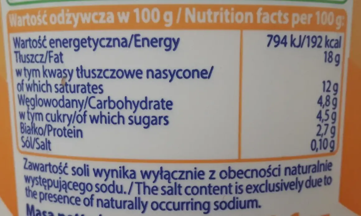 Fragment etykiety z wartościami odżywczymi: energia, tłuszcz, węglowodany, białko, sól.