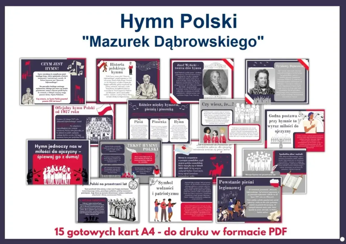 Hymn Polski "Mazurek Dąbrowskiego" - karty edukacyjne o historii, symbolice i tekście polskiego hymnu.