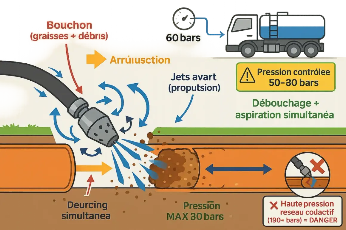 Débouchage d'une canalisation bouchée fosse septique par jet d'eau haute pression. Le jet avant propulse et le jet arrière aspire les débris.