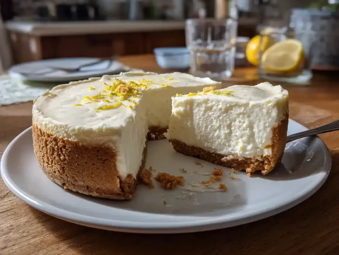 En krämig cheesecake med citronskal, perfekt för ett enkelt cheesecake recept. En bit är redan uppskuren.