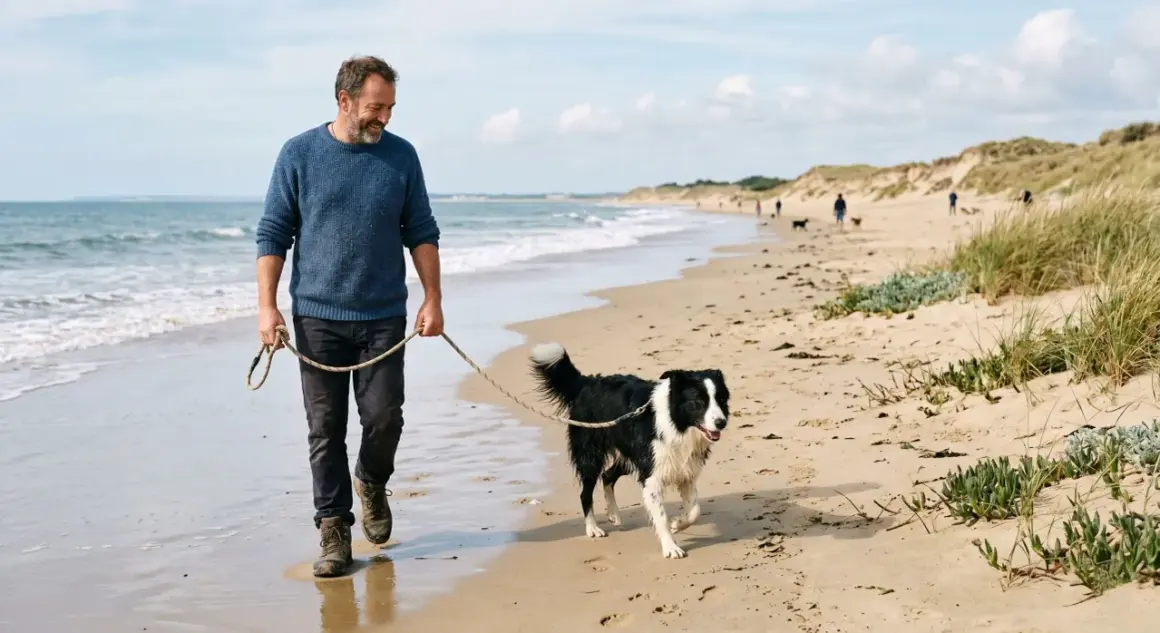 Un homme et son chien profitent d'une promenade sur une plage autorisée aux chiens 44. Le soleil brille, les vagues caressent le sable.