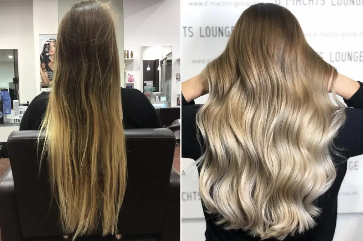 Vorher-Nachher-Vergleich: Langes, blondiertes Haar wird zu voluminösen Wellen mit einem V-Schnitt und strahlendem Glanz.
