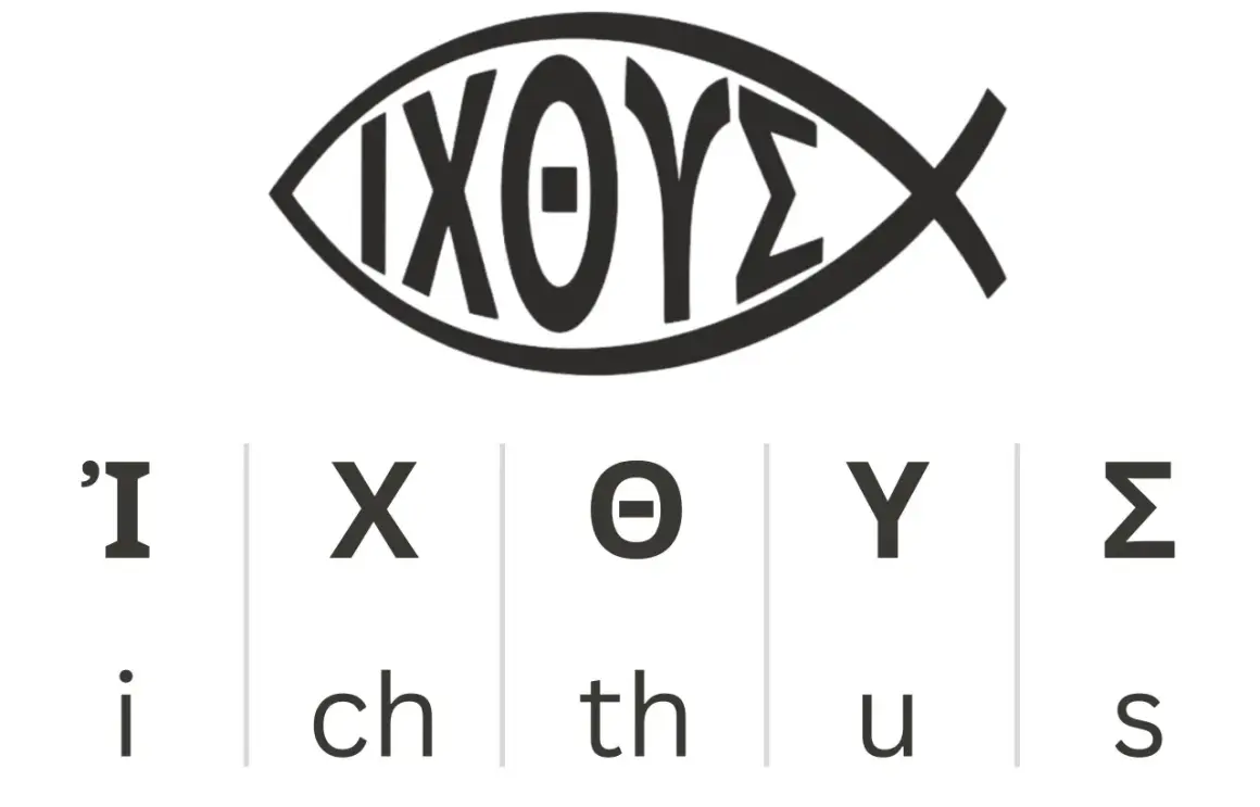 Der Ichthys, ein christliches Symbol, stellt einen Fisch dar, der die Anfangsbuchstaben von "Jesus Christus, Gottes Sohn, Retter" in Griechisch bildet.