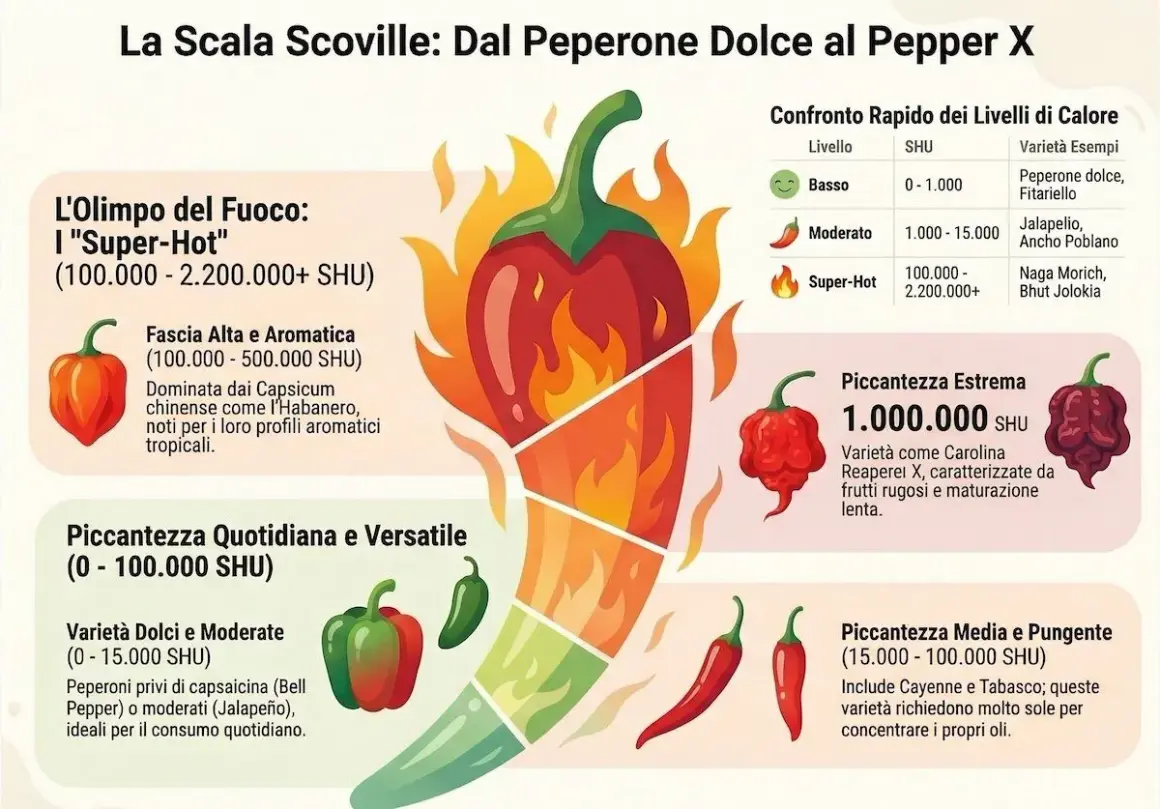 La scala Scoville illustra la piccantezza dei peperoncini, dai dolci ai super-hot come il Bhut Jolokia.