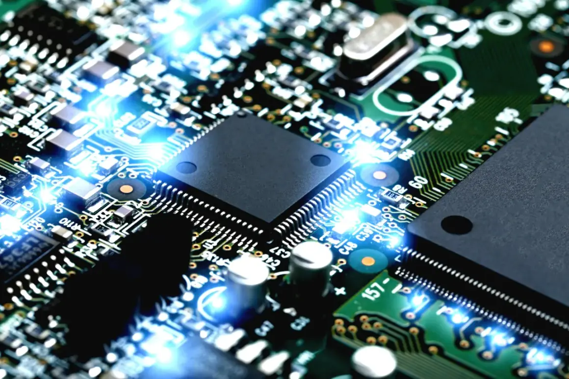 Placa de circuito electrónico con luces azules brillantes, similar a la de un ecu coche.
